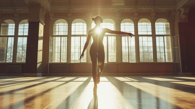 Graceful ballerina practicing dance moves in a sunlit dance studio