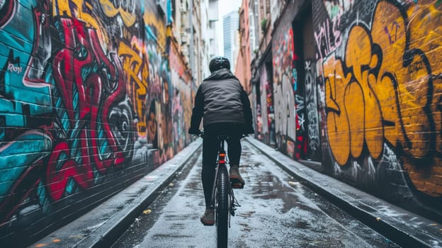 Cyclist riding bike down an urban alley adorned with vibrant graffiti