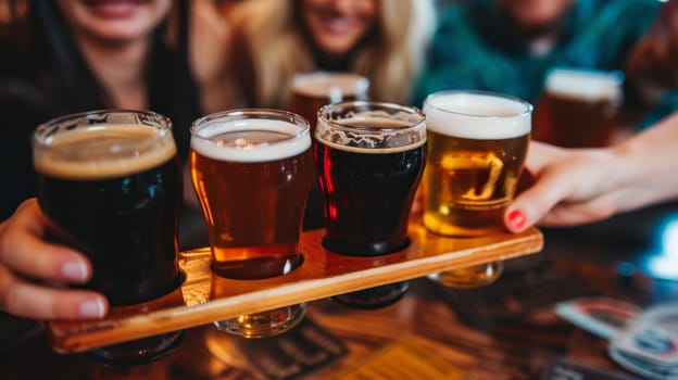 Group of friends enjoying a variety of craft beers at a local pub