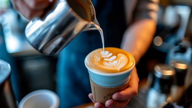Barista skillfully pouring milk to create latte art on a takeaway coffee cup
