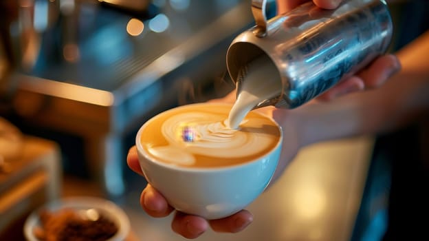 Barista skillfully pouring milk to create latte art on a takeaway coffee cup