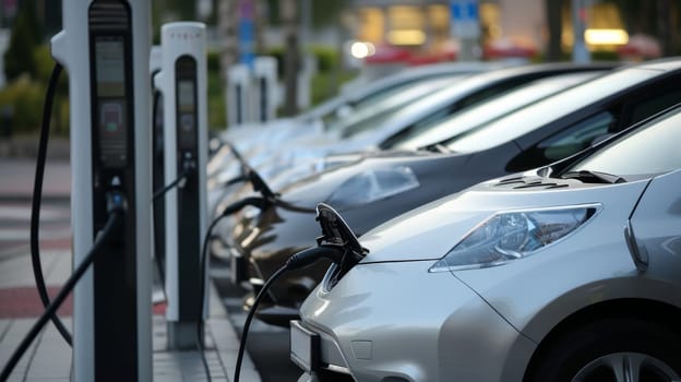 Line of electric cars plugged into a public charging station at dusk