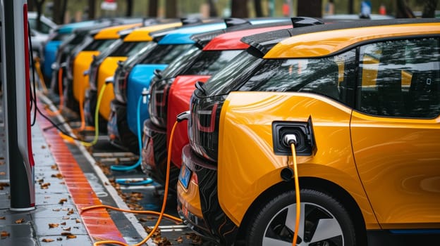 Line of electric cars plugged into a public charging station at dusk