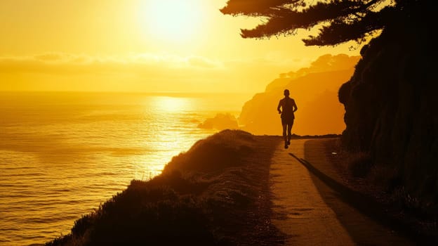Silhouette of a jogger running along a coastal path with the sunrise over the ocean