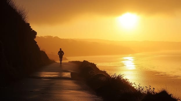 Silhouette of a jogger running along a coastal path with the sunrise over the ocean
