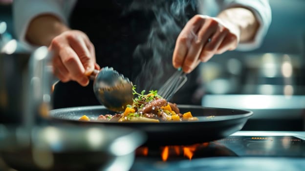 Chef garnishing delicious meal in a pan with herbs, showcasing culinary artistry and professional cooking
