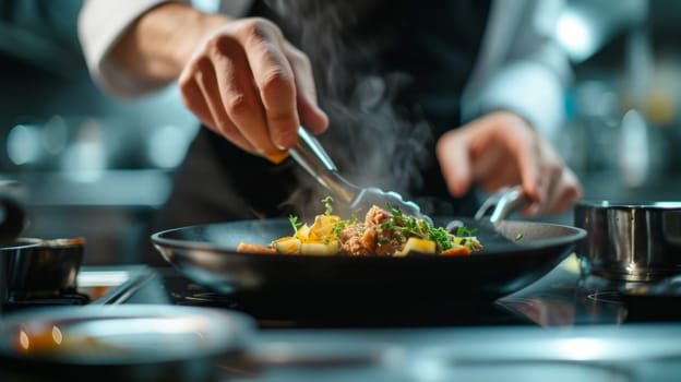 Professional chef meticulously plating a gourmet dish with precision and care