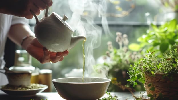 Pouring steaming herbal tea into a cup surrounded by fresh herbs and warm light