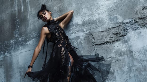 Fashion model striking a pose in an edgy, black textured dress against a concrete backdrop