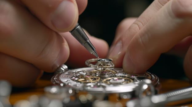 Close-up of a watchmaker's precise handwork while repairing a sophisticated mechanical timepiece