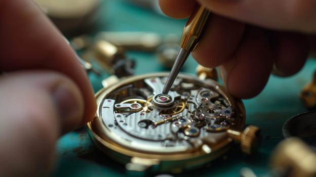 Close-up of a watchmaker's precise handwork while repairing a sophisticated mechanical timepiece