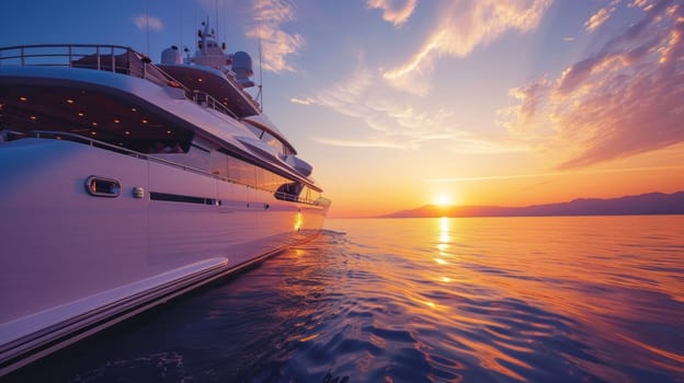 A luxurious yacht sailing on calm waters against a backdrop of a colorful sunset sky