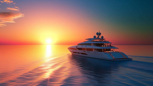 A luxurious yacht sailing on calm waters against a backdrop of a colorful sunset sky