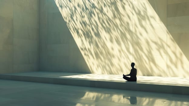 Individual meditating in a minimalist architectural space with shadows cast by the sunlight