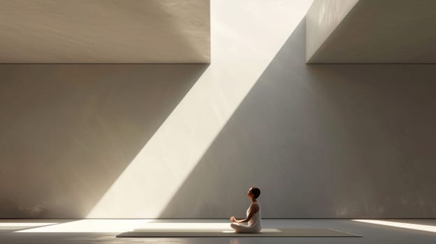 Individual meditating in a minimalist architectural space with shadows cast by the sunlight
