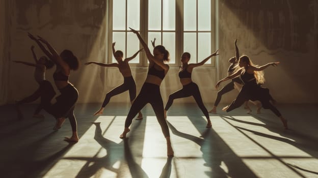 Silhouettes of a dance class performing contemporary moves in a sunlit studio