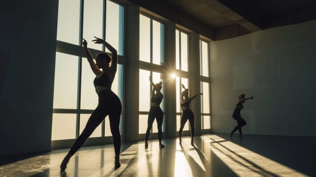 Silhouettes of a dance class performing contemporary moves in a sunlit studio