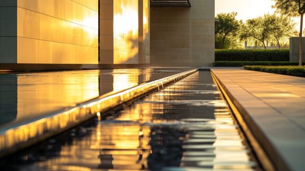 A modern water feature reflects the golden hues of the setting sun in a tranquil urban setting