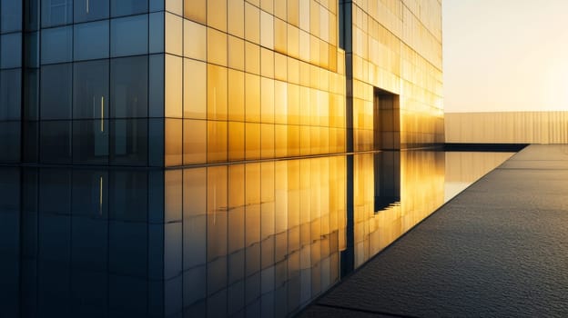 A modern water feature reflects the golden hues of the setting sun in a tranquil urban setting