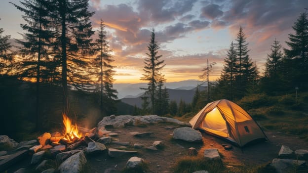 Tent illuminated from within beside a campfire in a serene forest setting during sunset with mountain backdrop