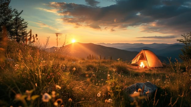 Tent illuminated from within beside a campfire in a serene forest setting during sunset with mountain backdrop