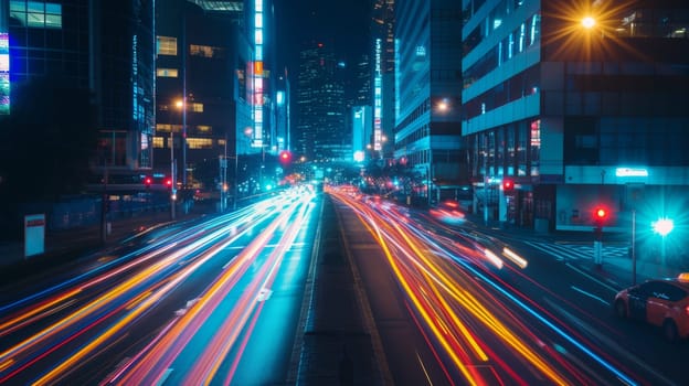 Long exposure of busy city street at night with vibrant light trails and modern architecture