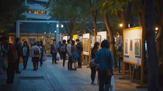 Visitors enjoy an outdoor art gallery illuminated by gentle lights against the evening sky