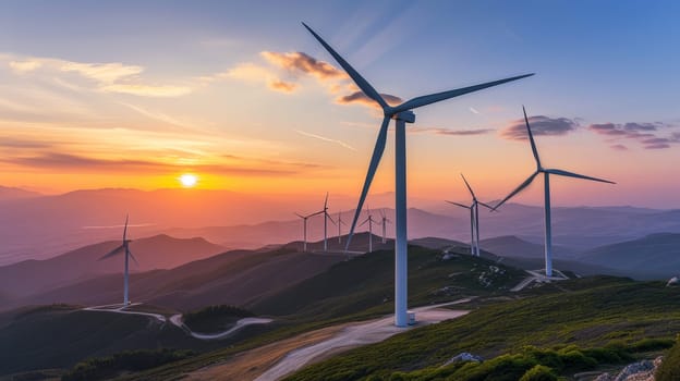 Wind turbines standing tall on a mountain range with a breathtaking sunset in the background