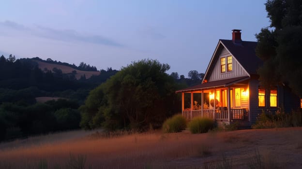 Twilight falls on a cozy, warmly lit countryside house amidst tranquil nature