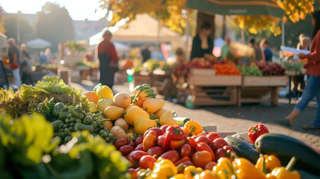 Variety of colorful fresh vegetables displayed at a sunny outdoor market with blurred shoppers in background