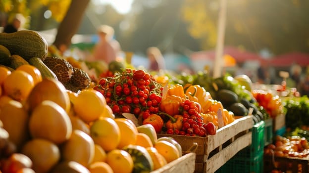 Variety of colorful fresh vegetables displayed at a sunny outdoor market with blurred shoppers in background