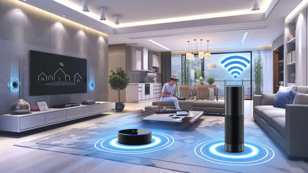Modern living room with smart home technology, person interacting with automated system
