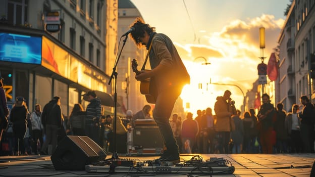 Guitarist performing live on a busy city street at sunset with a crowd of pedestrians in the background