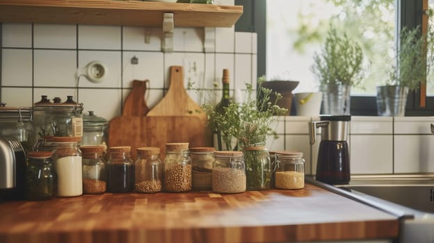 Well-organized kitchen pantry with a variety of natural ingredients and grains in clear jars on wooden countertop