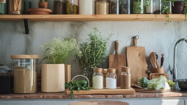 Well-organized kitchen pantry with a variety of natural ingredients and grains in clear jars on wooden countertop