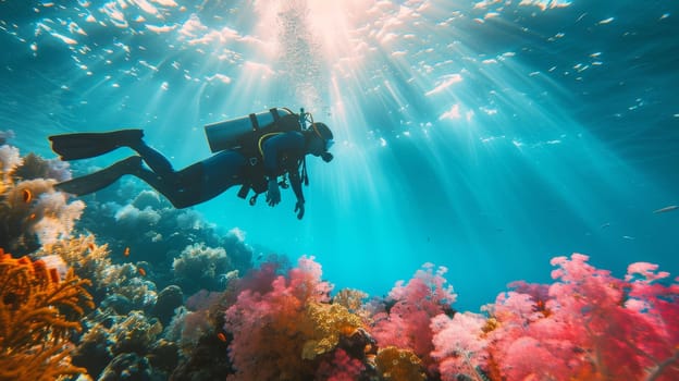 Scuba diver descending into the depths of a vibrant coral reef illuminated by sunlight filtering through water