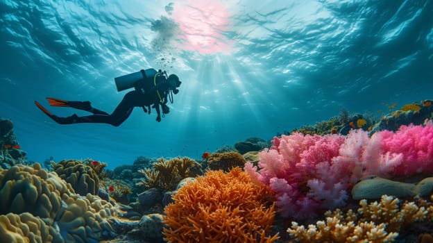 Scuba diver descending into the depths of a vibrant coral reef illuminated by sunlight filtering through water