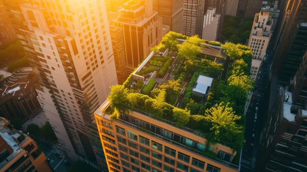 Aerial view of a lush rooftop garden amidst the urban skyline with the warm light of sunset