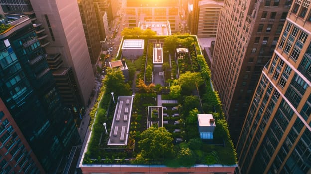 Aerial view of a lush rooftop garden amidst the urban skyline with the warm light of sunset