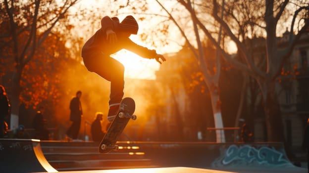Skateboarder caught mid-trick at a skatepark during a golden sunset with onlookers in the soft-focus background