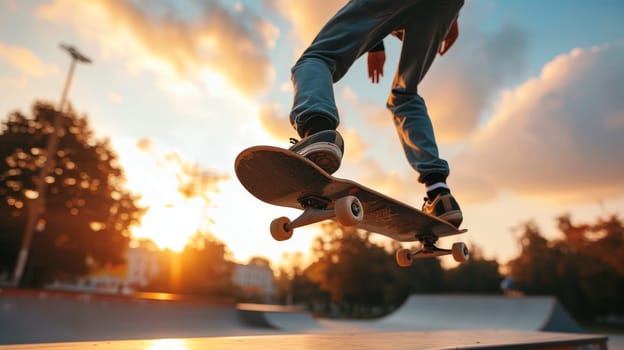 Skateboarder performing a trick on a ramp against a beautiful sunset backdrop in a skate park