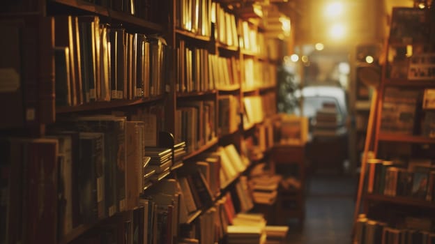 Warmly lit aisle of a cozy bookstore with shelves filled with an array of books, inviting a quiet exploration