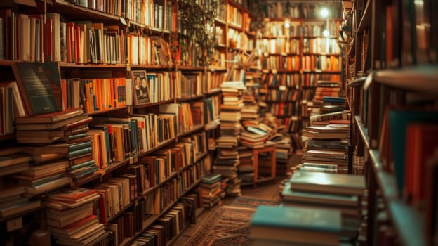 Warmly lit aisle of a cozy bookstore with shelves filled with an array of books, inviting a quiet exploration