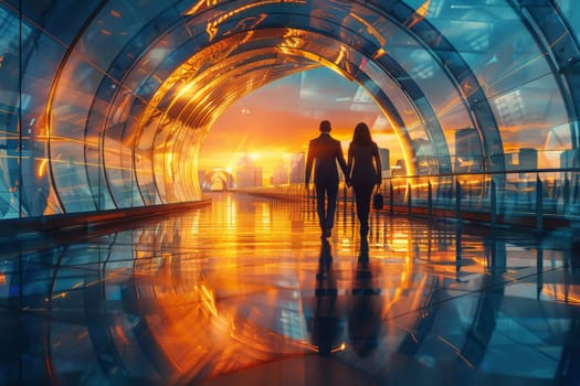 A man and woman walk through a glass tunnel with a sunset in the background.