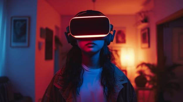 Individual with a VR headset immersed in a virtual experience with vivid blue and red ambient lighting