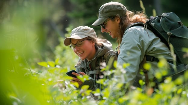 Two nature explorers smiling while using a smartphone to study flora in a lush green forest