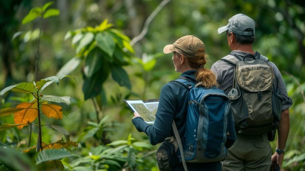 Two ecologists with backpacks examining and discussing vegetation in a dense tropical forest