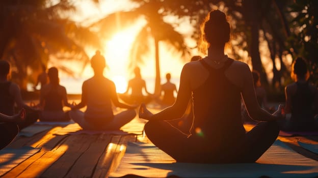 Group of individuals practicing yoga on the beach at sunset, silhouetted against the serene ocean