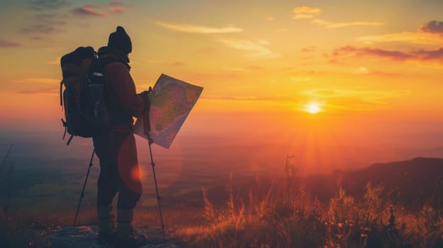 Lone hiker with backpack standing on a mountain peak at sunset, holding a map and looking into the distance