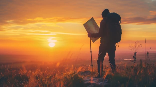 Lone hiker with backpack standing on a mountain peak at sunset, holding a map and looking into the distance